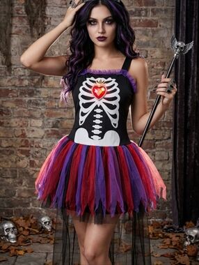 Teen Skeleton Queen Kids Costume With Head Piece- Size Large 13-16 Adult XS
